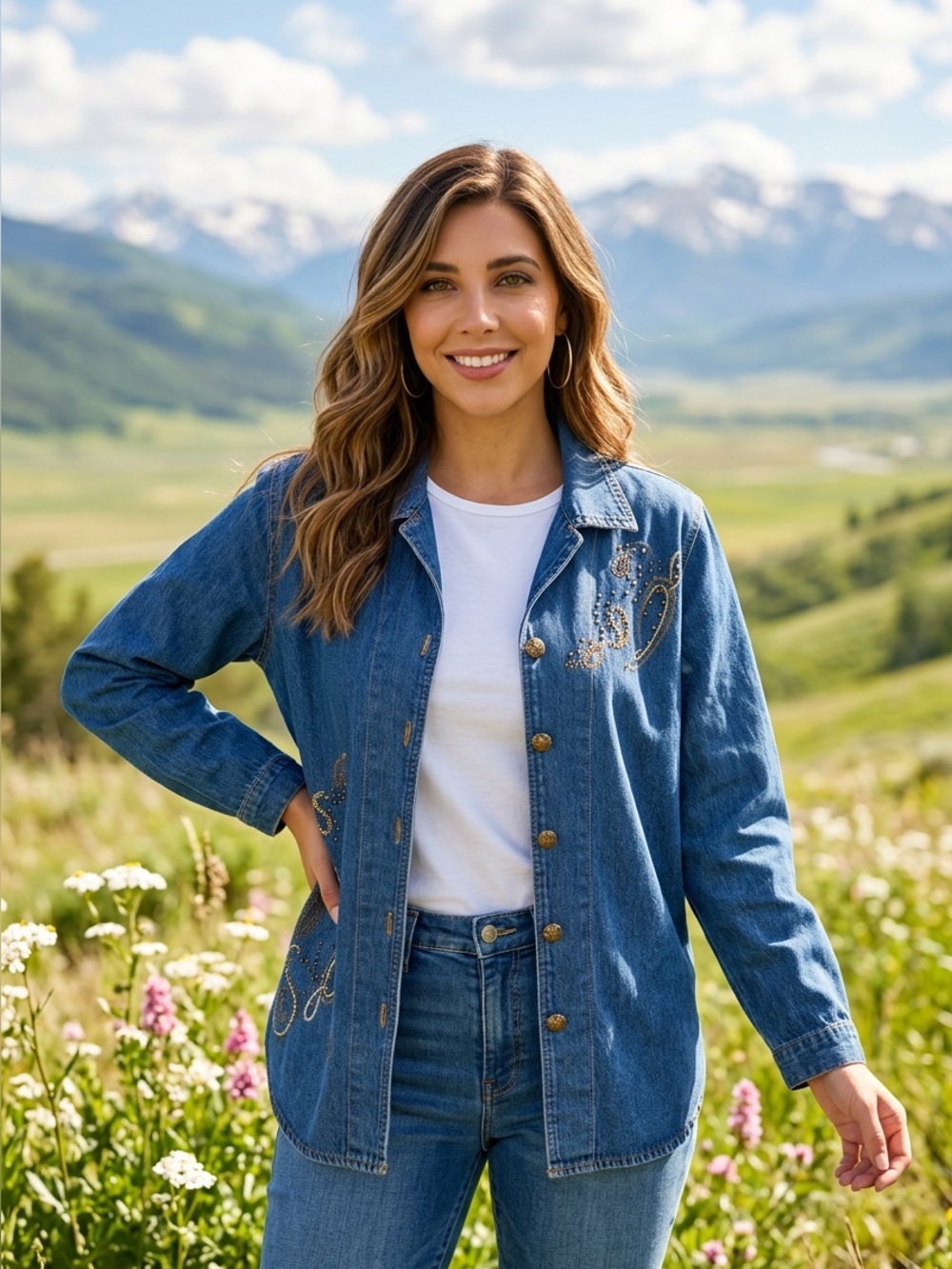 Lexi Embellished Denim Button-Down Shirt Jacket - Blue - Picture 3 of 8